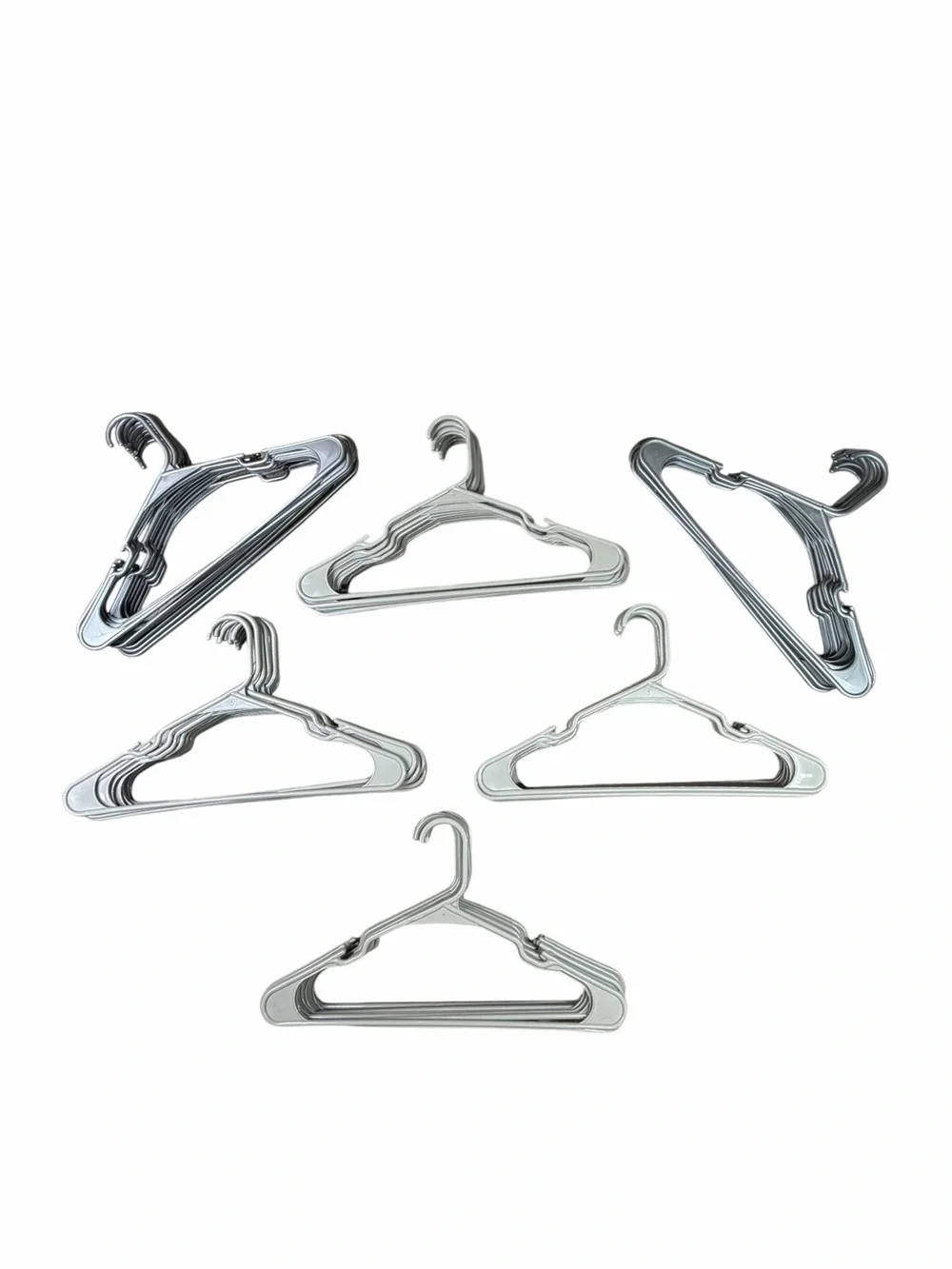 Lot of 64 Mainstays Plastic Notched Adult Hangers in Gray (43)/Silver Hail (21)